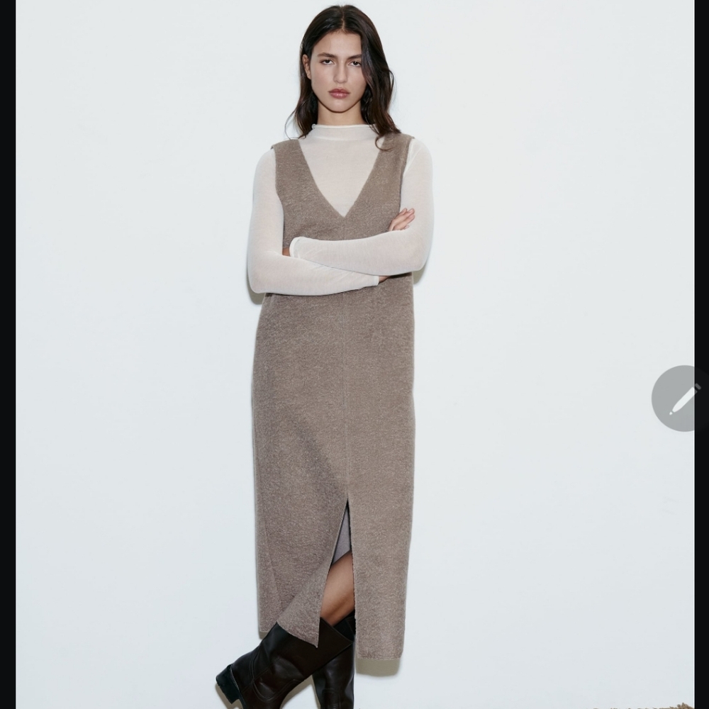 Fall Zara BOUCLE MIDI DRESS color mid mink size Small